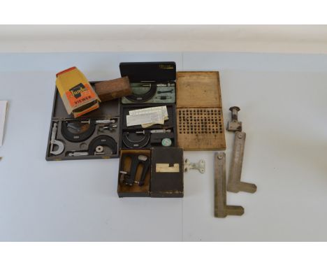 A quantity of tools, measuring and engineering equipment, including Moore &amp; Wright, William Fox &amp; Sons examples, etc.