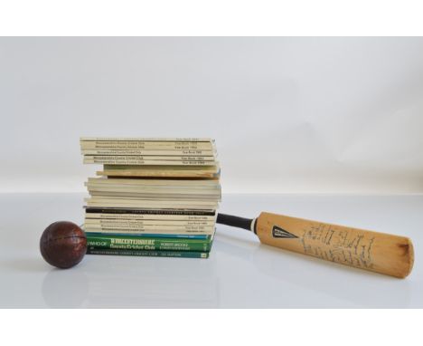 A commemorative signed miniature Worcester Cricket Bat, signatures including Mike Gatting, Wilf Slack, Neil Williams, Richard