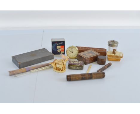 A mixed lot of collectables, including Tunbridge boxes, a double set of Orient Line round shape playing cards, needle cases, 