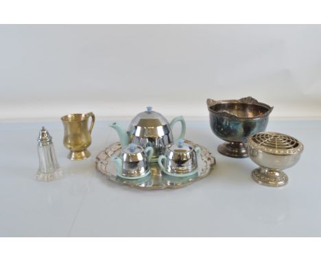 A collection of assorted metalware, including a chrome covered ceramic tea set, large tray