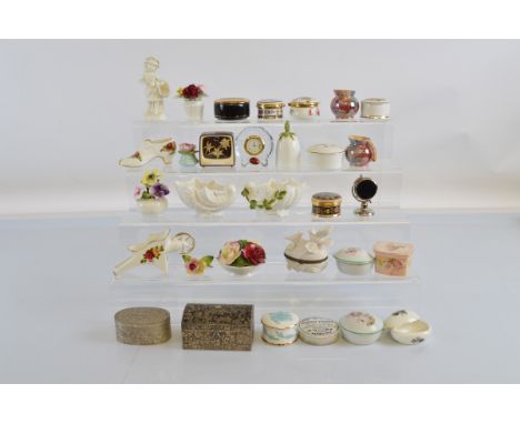 A mixed lot of assorted collectables, including ceramic pill boxes, Woods Areca Nut Tooth Paste pot lid, bone china ornaments