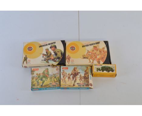 Five Airfix figure and vehicle sets, British Eighth Army, American Infantry, US Marines, Eighth Army, Field Gun and Tractor, 