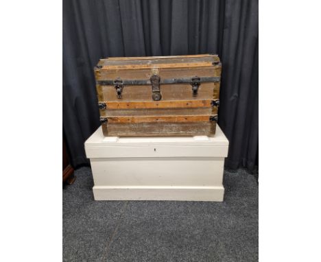 A Victorian pine painted blanket box, on plinth base, hinged top, 90 cm wide X 49 cm deep X 47 cm high, together with a domed