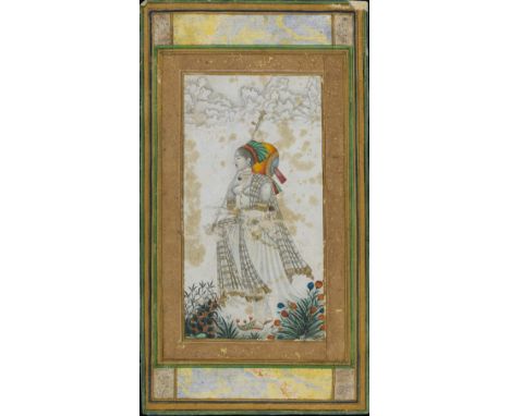 Indian Art A rare portrait of a woman playing a tambur and singing India, Deccan, 18th centuryInk, pigments and gold on paper