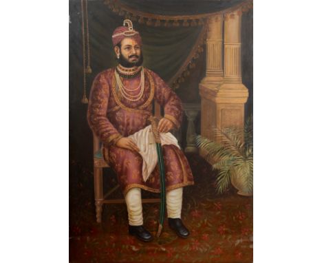 Islamic Art A Maharaja portrait India, 20th century Oil on canvas . . Cm 104,00 x 149,00.