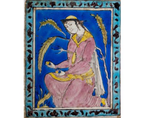Islamic Art A Safavid cuerda seca tile depicting a lady Persia, 17th century . . Cm 25,50 x 31,00. restored.