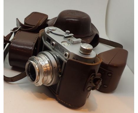 Vintage leather cased DeJur D-3 35mm camera and accessories