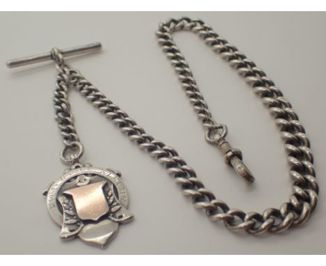 Hallmarked silver single albert chain with fob and T bar 59g