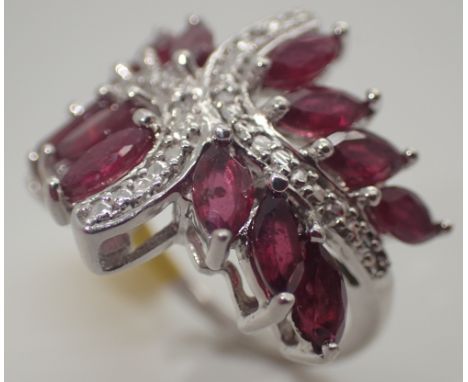 Sterling silver fancy marquise cut ruby cluster ring size O