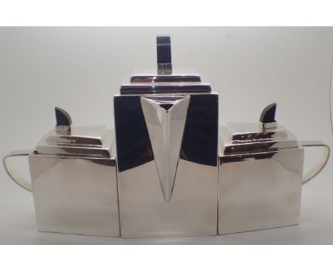 Art Deco three piece silver plated Diament tea set with bakelite handles designed by Gene Theobald for WIlcox Silver Plate Co