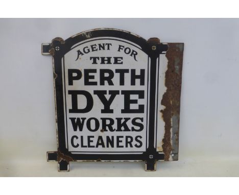 A Perth Dye Works double sided agency enamel sign with flattened hanging flange, 22 x 21 1/2".