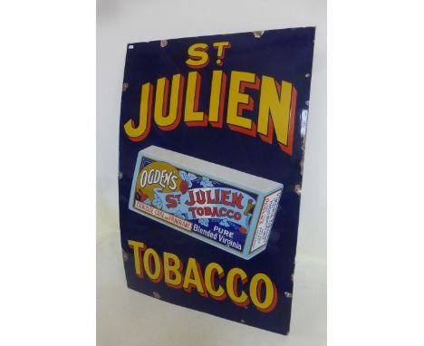 A good St Julien Tobacco pictorial packet enamel sign with good gloss and unusual two-tone blue colour, 24 x 36".