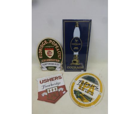 A reproduction 'Courage' enamel sign and three others for Ushers, Eldridge and Palmers. 