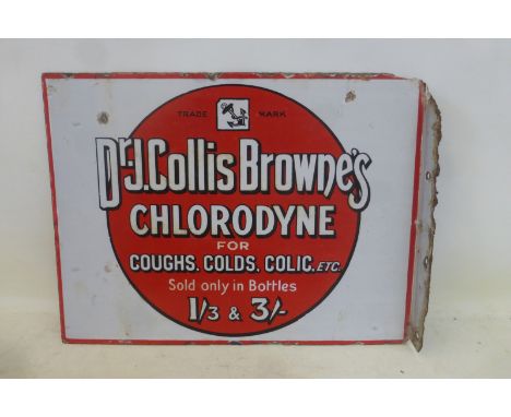 A Dr J. Collis Browne's Chlorodyne for coughs, colds, colic etc double sided enamel sign with hanging flange, the verso adver