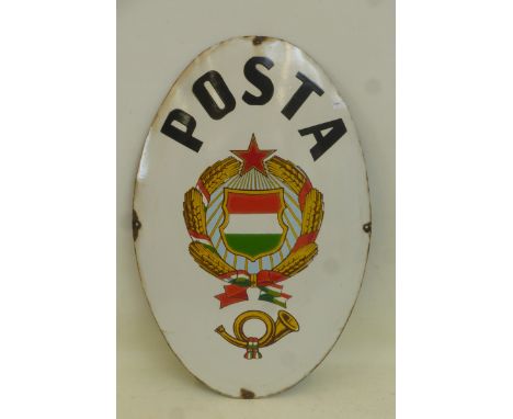 A Posta oval convex enamel sign with Austrian flag emblem, 15 1/2 x 23 3/4".