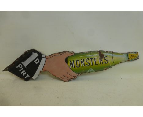 A rare Monsters Lemon Squash pictorial die-cut double sided enamel sign in the form of a hand holding a bottle, approx. 12 x 