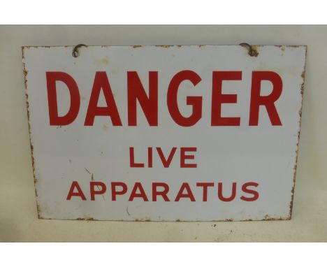 A 'Danger Live Apparatus' rectangular enamel sign with good gloss, 13 x 8 1/2". 