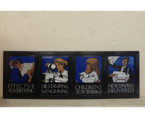 A rare group of four enamel panels advertising W.H.Smiths' News, framed in a row, unusually with a dark blue background, with