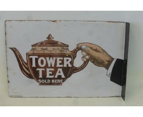 A rare Tower Tea pictorial double sided enamel sign depicting a hand holding a teapot, with re-attached hanging flange and so