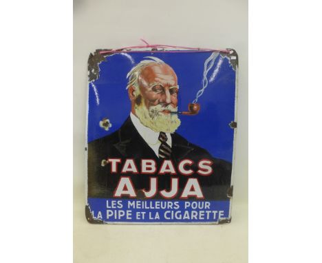 A French Tabacs 'AJJA' pictorial enamel sign depicting a bearded gentleman smoking, 21 3/4 x 25 3/4".