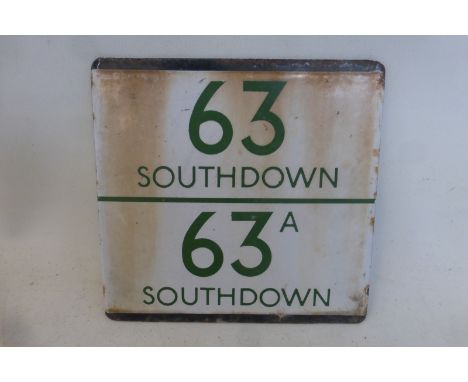 A Southdown enamel bus destination sign, no. 63 and 63a, 5 1/4 x 5".