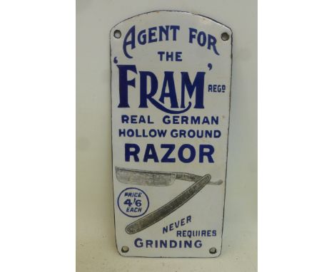 A very rare Fram Razor part pictorial enamel finger plate with some professional restoration to the left edge and lower edge,