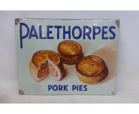 A rare Palethorpes Pork Pies pictorial enamel sign of good small size, with some professional restoration, 12 1/4 x 9 1/4". 