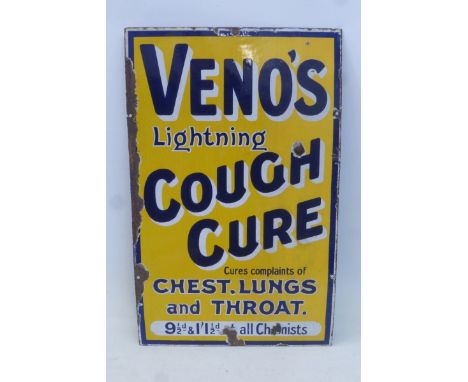 A Veno's Lightening Cough Cure rectangular enamel sign with some repainting to the right hand side, 15 x 24".