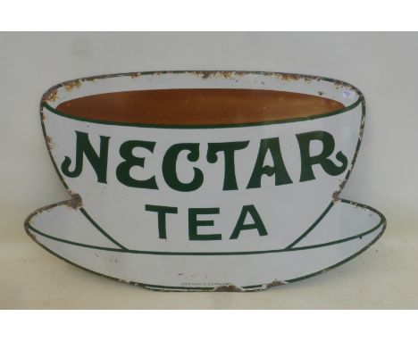 A Nectar Tea 'Teacup - shaped' enamel sign by Patent Enamel, 21 x 12 3/4".