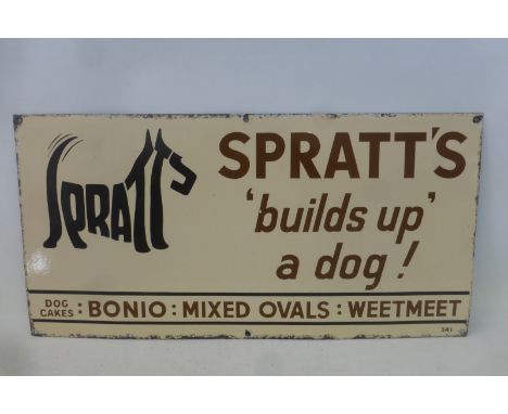 A Spratt's 'Builds Up' a Dog! rectanglar part pictorial enamel sign with good gloss, 24 x 12".