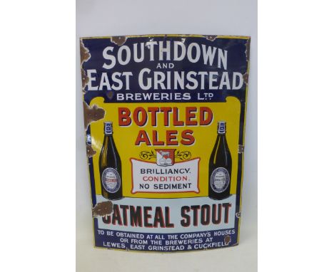 A South Down and East Grinstead Breweries Ltd. Bottles Ales and Oatmeal Stout rectangular, part pictorial enamel sign by Pate