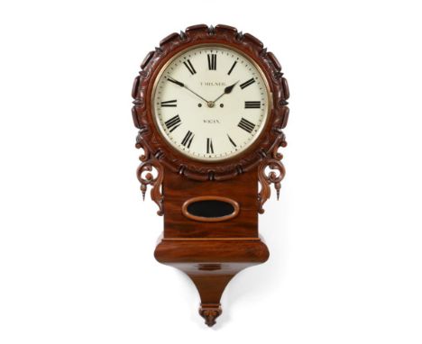 A Mahogany Drop Dial Striking Wall Clock, signed T Milner, Wigan, circa 1850, carved wooden bezel surround, scroll side ears,