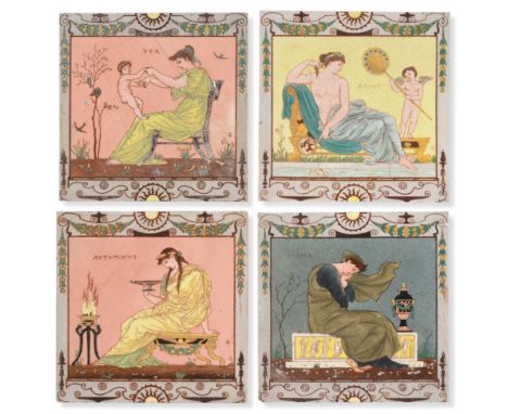 Walter Crane (British, 1845-1915) for Maw and Co: A Set of Four The Seasons 8'' Picture Tiles, dust pressed, printed and pain