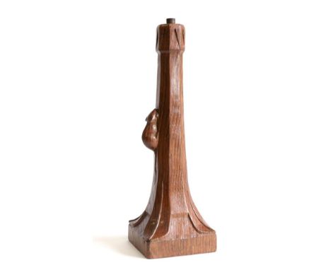 Mouseman: A Robert Thompson English Oak Table Lamp, octagonal column on a square base, with carved mouse signature, 30.5cm