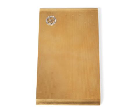 An 18ct Gold Cigarette Case, Aurola Ltd, London 1948, with sliding action and engine turned decoration, set to the front with