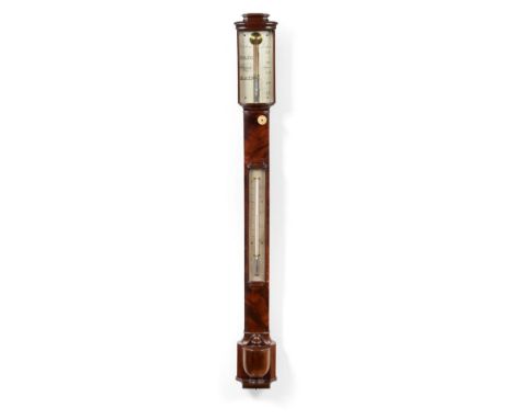 A Good Mahogany Bowfront Stick Barometer, signed Dollond, London, circa 1840, concealed mercury tube with a single vernier si