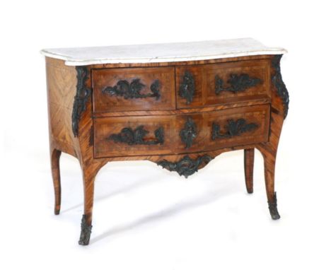 A Louis XV Kingwood and Rosewood Three Drawer Commode, late 18th century, with a grey and white Carrara marble top of serpent