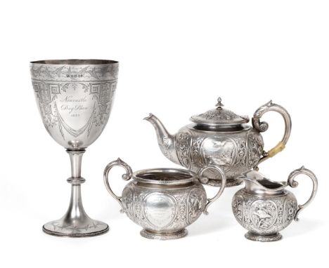 Coursing Interest - A Victorian Scottish Silver Presentation Three Piece Tea Service, maker's mark TS, Glasgow 1885, decorate