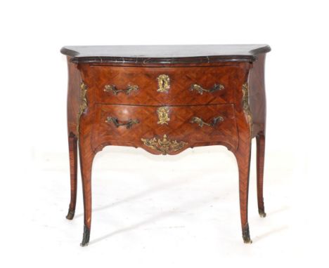 A French Louis XV Style Rosewood, Kingwood and Tulipwood Two Drawer Commode, 19th century, the rouge griotte marble serpentin