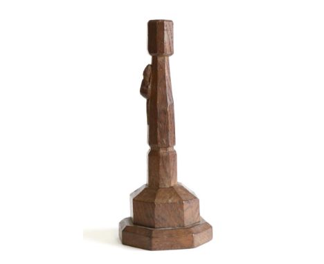 Mouseman: A Robert Thompson English Oak Candlestick, octagonal column and base, mounted on an octagonal stand, with carved mo