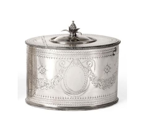 A George III Silver Tea Caddy, Thomas Daniell, London 1783, oval with bead borders, the cover hinged to one end and with pine