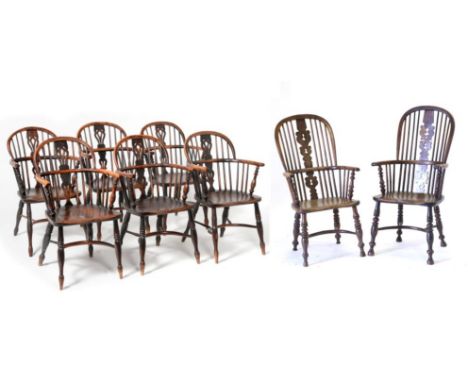 A Harlequin Set of Six Yewwood and Elm Windsor Armchairs, mid 19th century, with double spindle back supports, pierced splats