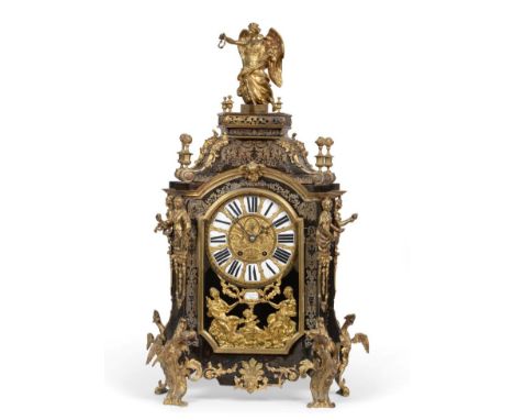 A Louis XIV Style ''Boulle'' Striking Table Clock, circa 1870, the elaborate case with tortoiseshell veneers and brass inlay,