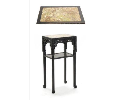 A Chinese Huanghuali Marble Top Two-Tier Side Table, 19th century, the decorative pierced frieze above a shelf, on square for