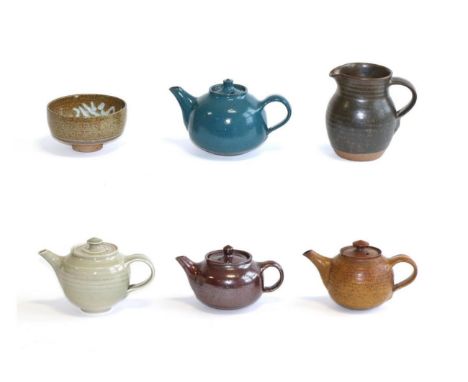 David Lloyd Jones (British, 1928-94): A Porcelain Teapot and Cover, celadon glaze, impressed seal mark, 12cm; Three Other Sto
