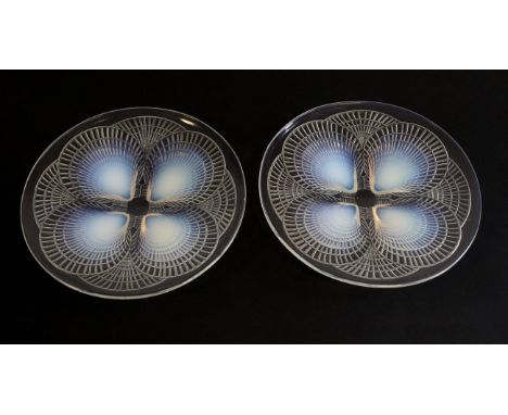 René Lalique (French, 1860-1945): Two Opalescent and Clear Glass  Coquilles Plates, No.3011, the underside, moulded with four
