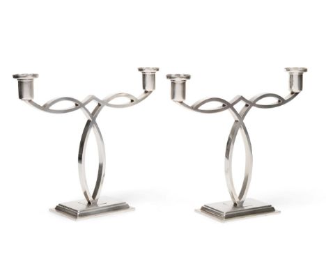 A Pair of Art Deco Silver Two Light Candelabra, Goldsmiths & Silversmiths Co, London 1937, of simple openwork form raised on 