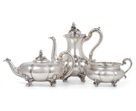 A William IV Silver Three Piece Tea and Coffee Service, Paul Storr, London 1836/37, of melon fluted form, with acorn and oak 