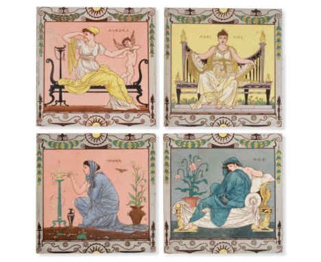 Walter Crane (British, 1845-1915) for Maw and Co: A Set of Four The Times of Day 8'' Picture Tiles, dust pressed, printed and