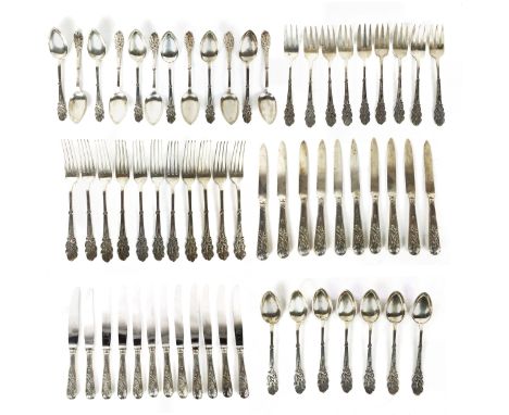 COLLECTION OF DANISH SILVER FLATWARE, by Heimburger, .800 in the Art Nouveau 'mistletoe' pattern twelve knives and forks, twe